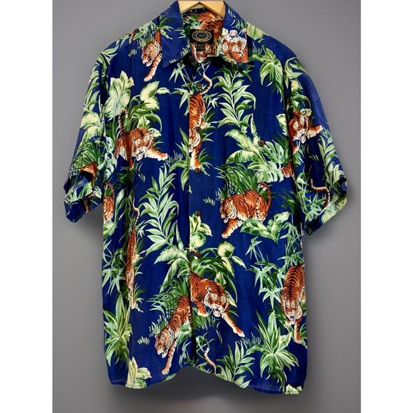 Hawaiian Silk Company Men's Large TIGER Blue Green Hawaiian 100% Silk Shirt - Picture 2 of 2
